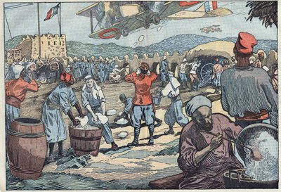 モロッコの戦争。反体制派のモロッコ人によるブロックハウスの包囲に氷を供給するフランスの飛行機。Damblansのイラスト。5月24日付「ル・ペレラン」にて 作： Eugene Damblans