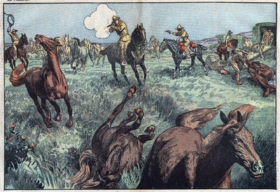 アメリカでは野生の馬が虐殺されています。ダンブランスのイラスト。1月31日の「ル・ペレラン」では 作： Eugene Damblans