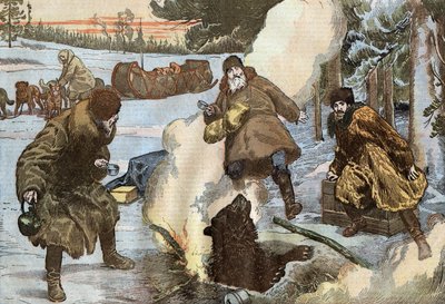 宣教師たちがお茶の準備をしている間、氷の中から突然熊が現れた。 作： Eugene Damblans