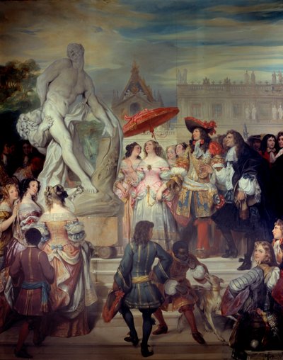 ピエール・ピュジェ（1620-1694）がヴェルサイユ城の庭園でルイ14世（1638-1715）にクロトーネのミロン像を贈呈。ウジェーヌ・デヴェリア（1808-1865）による絵画 作： Eugene Deveria