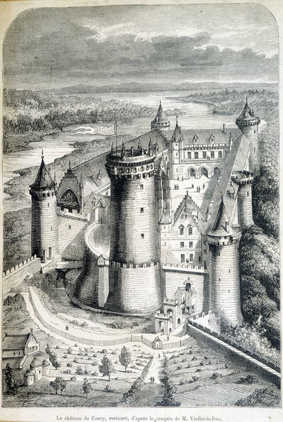 Le chateau de Coucy, restaure - Eugene Viollet-le-Duc (Viollet le Duc) (1814-1879)のスケッチからのエングレーヴィング - 1858年8月5日付の「Le Monde illustrious」。 作： Eugene Emmanuel (after) Viollet le Duc