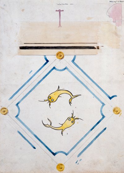 ユージーン・エマニュエル・ヴィオレ＝ル＝デュック（1814-1879）による浴室タイル「シャトー・デュウ」のモチーフ、水彩画 作： Eugene Emmanuel Viollet le Duc