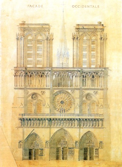 1843年に交差点で尖塔が再建された、パリのノートルダム大聖堂の西側ファサードの修復プロジェクト 作： Eugene Emmanuel Viollet le Duc