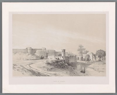テヘランのシェムラン門 Porte de Chimrân Tehran (オブジェクトのタイトル) ペルシャの風景（シリーズタイトル） ペルセ・モダン（シリーズタイトル） 作： Eugene Flandin