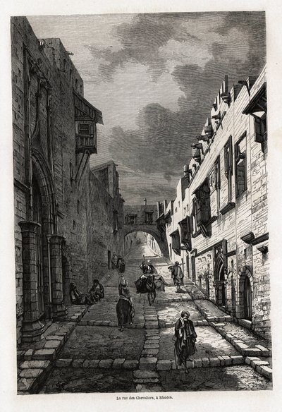 ロードス島のシュヴァリエ通り。ユージン・フランダンが1844年のロードス島への旅を説明するために描いたもの。エドゥアール・シャルトン編集の「世界旅行」に掲載されている図版 作： Eugene Flandin