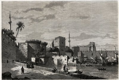 ロードス島の港とオービュッソンの門の風景。ユージン・フランダンが1844年のロードス島への旅を説明するために描いたもの。エドゥアール・シャルトン編『世界一周』に掲載されている図版 作： Eugene Flandin