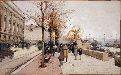 パリ、セーヌ川（紙にガッシュ） 作： Eugene Galien Laloue