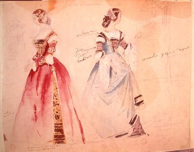 アルフレッド・ド・ミュッセ（1810-1857）の「マリアンヌの気まぐれ」制作時の2つの女性衣装デザイン（水彩・紙） 作： Eugene Giraud