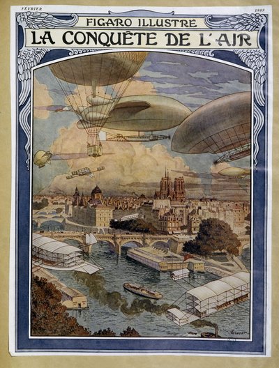 Air conquete：パリ上空の飛行船、気球、熱気球 - 1909年2月の「Figaro Illustré」の表紙 作： Eugene Grasset