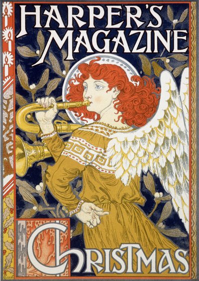 エンジェル・サウンディング・オブ・ザ・トランペット - ユージン・グラッセ（1845-1917）による「ハーパース・マガジン」のアメリカのクリスマスポスター 作： Eugene Grasset