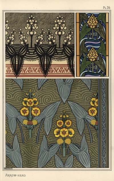 アローヘッド（Sagittaria sagittifolia）をモチーフにした刺繍、ステンドグラス、布地などのデザイン。 作： Eugene Grasset