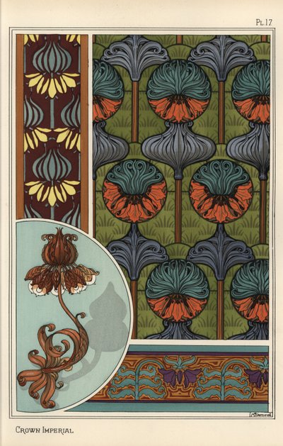 クラウンインペリアルフラワー（Fritillaria imperialis）は、壁紙や布地のパターン、錬鉄製のランプのデザインとして使用されています。 作： Eugene Grasset