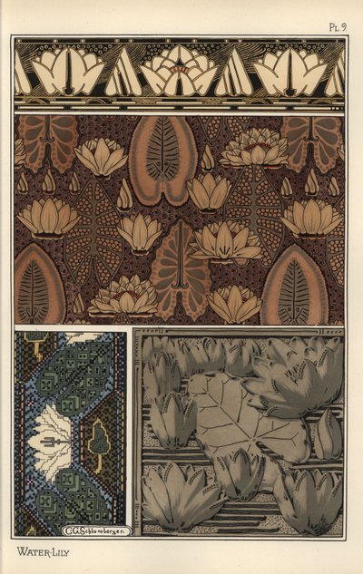 睡蓮（Nelumbo lutea）の布地、クロスステッチ、タペストリー、レリーフ型のパターン。リトグラフ：C.G.シュランバーゼー 作： Eugene Grasset