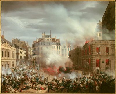1848年の革命：「1848年2月24日の王宮の給水塔広場の火災」。ユージン・ハグナウアーによる絵画 作： Eugene Hagnauer