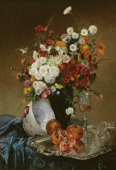 花とザクロのある静物 作： Eugene Henri Cauchois