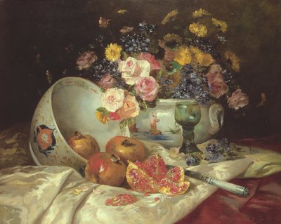 ザクロと中国の花瓶に花の静物 作： Eugene Henri Cauchois