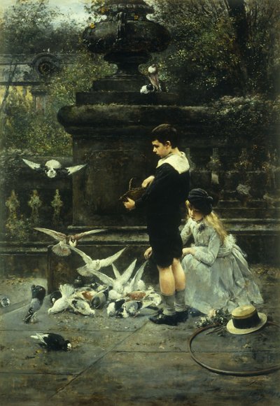 ハトに餌をやる、1887 作： Eugene Joors
