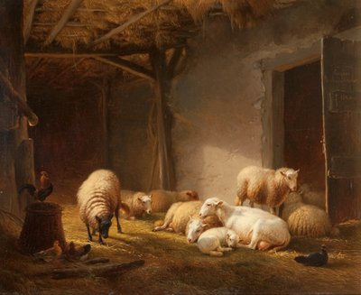 羊、子羊、鶏がいる太陽に照らされた納屋 作： Eugene Joseph Verboeckhoven