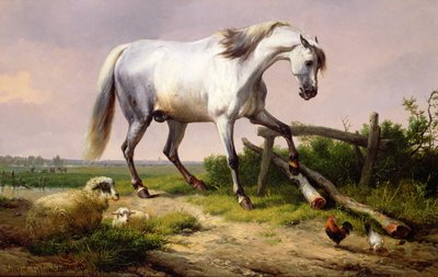羊と家禽を連れた灰色の種馬 作： Eugene Joseph Verboeckhoven