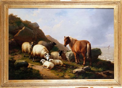 崖の上のポニーと羊、1868年を越える帆船 作： Eugene Joseph Verboeckhoven