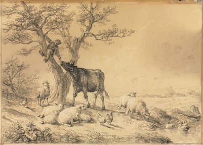 動物と木の中の少年のいる風景 作： Eugene Joseph Verboeckhoven