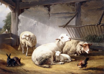 羊、ウサギ、納屋の鶏、1859 作： Eugene Joseph Verboeckhoven