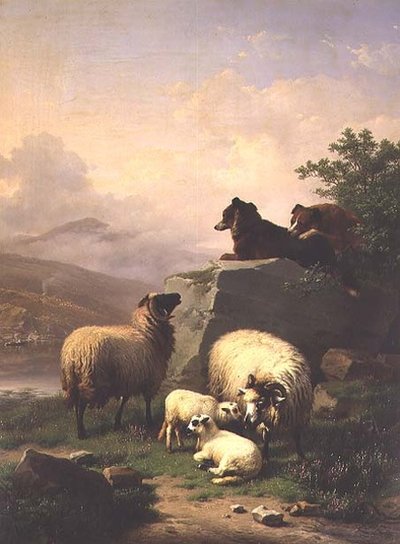 川の風景の中で2匹の犬と一緒にいる羊と子羊 作： Eugene Joseph Verboeckhoven