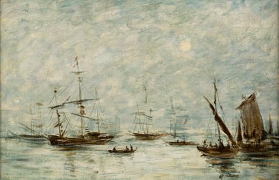 港に係留されたボート（キャンバスに油彩） 作： Eugene Louis (attr.to) Boudin