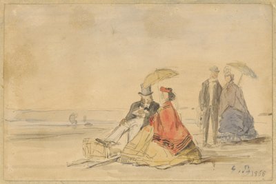 座っているカップルとビーチを歩くカップル、1865年。 作： Eugene Louis Boudin