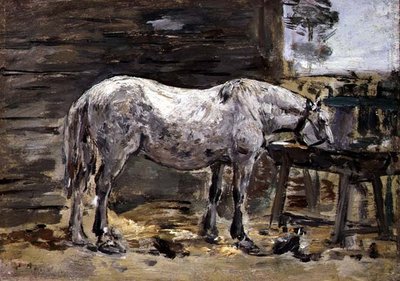 馬が酒を飲んでいる」1885-90年頃（パネルに油彩） 作： Eugene Louis Boudin