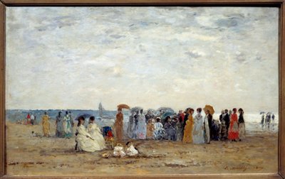 カルヴァドス島トルヴィルの浜辺の海水浴客。ウジェーヌ・ルイ・ブダン（1824-1898）の作品 作： Eugene Louis Boudin