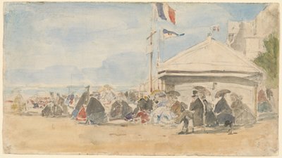 トルヴィルの旗のあるビーチハウス、c。 1865年。 作： Eugene Louis Boudin
