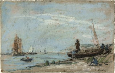 漁船のあるビーチ (レクト); 農夫が畑を耕している風景 (裏面) 作： Eugene Louis Boudin