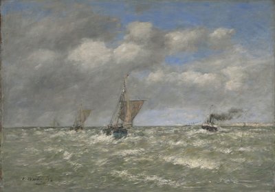 港に戻るボート、トルビル、1894 作： Eugene Louis Boudin
