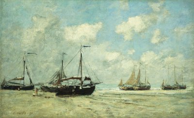 スヘフェニンゲンの海岸のボート。スケベニンゲ、ボートはグレーブで失敗した、1875 作： Eugene Louis Boudin