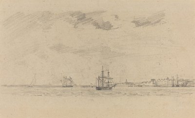 海運のある沿岸の風景、c. 1858年。 作： Eugene Louis Boudin
