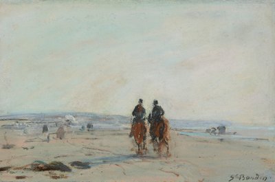 ビーチの2人の騎手、c.1864-68（紙にパステルを敷いて紙に置いた） 作： Eugene Louis Boudin