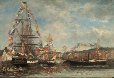 オンフルール港のフェスティバル、1858年。 作： Eugene Louis Boudin