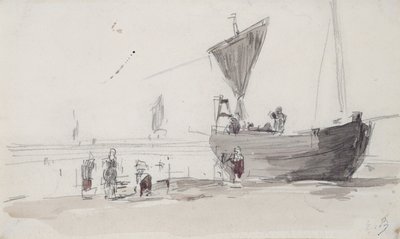 ビーチでの釣り船（紙に鉛筆とトイレ） 作： Eugene Louis Boudin