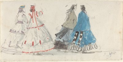 クリノリンを着てトルヴィルを歩く 4 人の女性、1865 年。 作： Eugene Louis Boudin