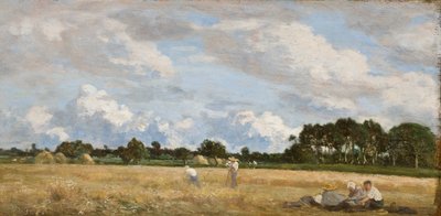 干し草作り（Le Foins）、1870-90年頃（オーク材のパネルに油彩） 作： Eugene Louis Boudin