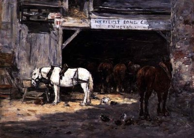 庭の貸し馬」1885-90年頃（パネルに油彩） 作： Eugene Louis Boudin