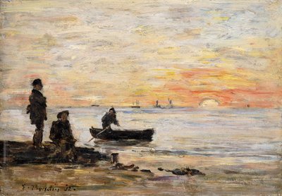 干潮-日没時の海岸と漁師;マリーバース-日没時の海岸と漁師、1862年 作： Eugene Louis Boudin