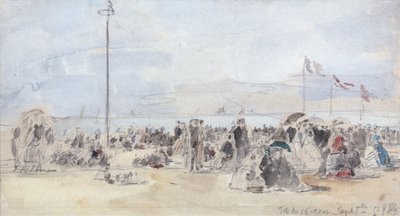 ピープルズオンザビーチ、トルビル、1866年（紙と紙とグラファイト） 作： Eugene Louis Boudin