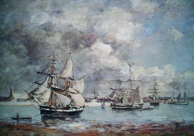 港に停泊中の帆船（油） 作： Eugene Louis Boudin