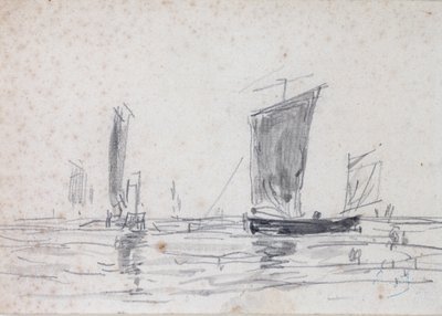 海上の帆船（ウォッシュとグラファイト紙） 作： Eugene Louis Boudin