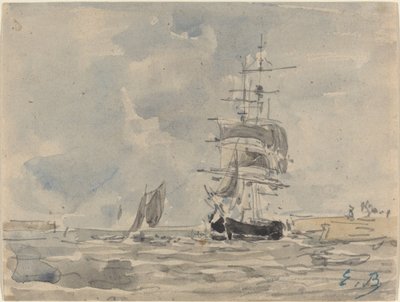帆船のある海の風景、c。 1875年。 作： Eugene Louis Boudin