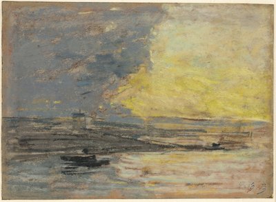 海辺、オンフルール港、1860年頃（青い織り紙にパステル） 作： Eugene Louis Boudin