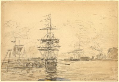 港の船、c。 1875年。 作： Eugene Louis Boudin