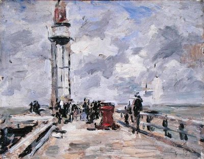 オンフルールの桟橋と灯台」1885-90年頃（パネルに油彩 作： Eugene Louis Boudin